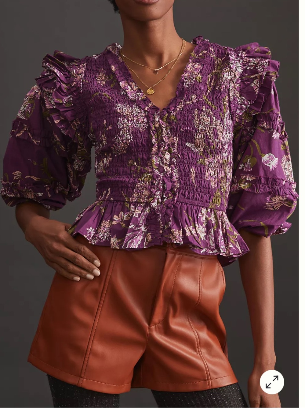 Anthropologie Purple Floral Smocked Peplum Blouse